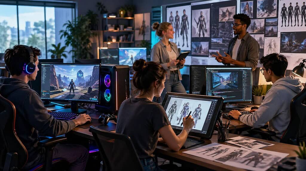 Mehrere junge Erwachsene arbeiten in einem modernen Gaming-Studio