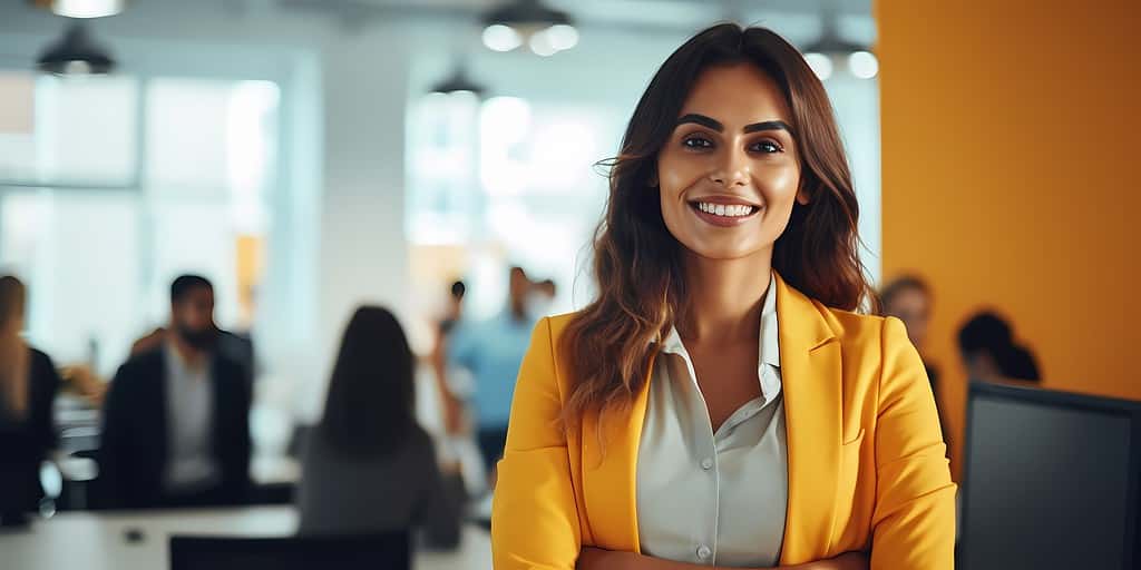 smiling business woman with modern yellow outfit, office, business woman