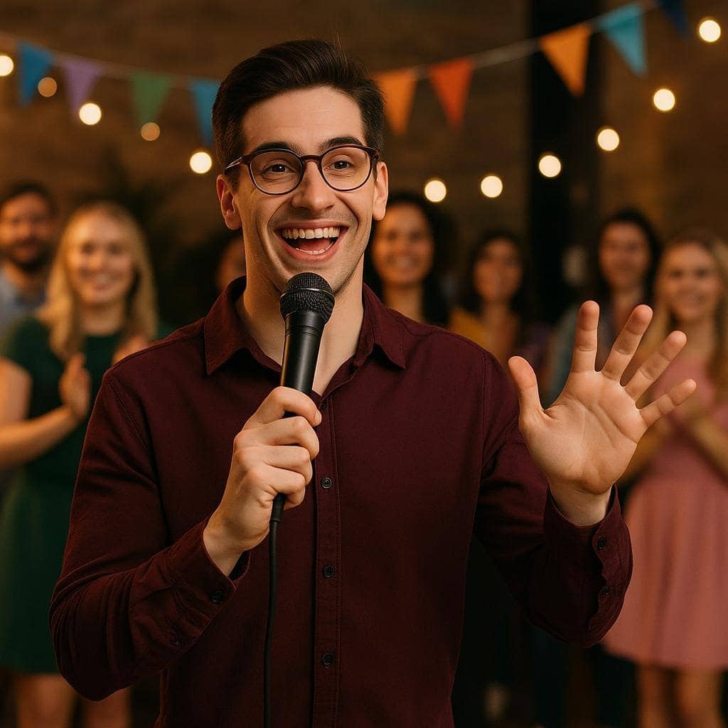 Young student entertainer hosting an event with microphone, engaging a cheering crowd at a festive indoor party.