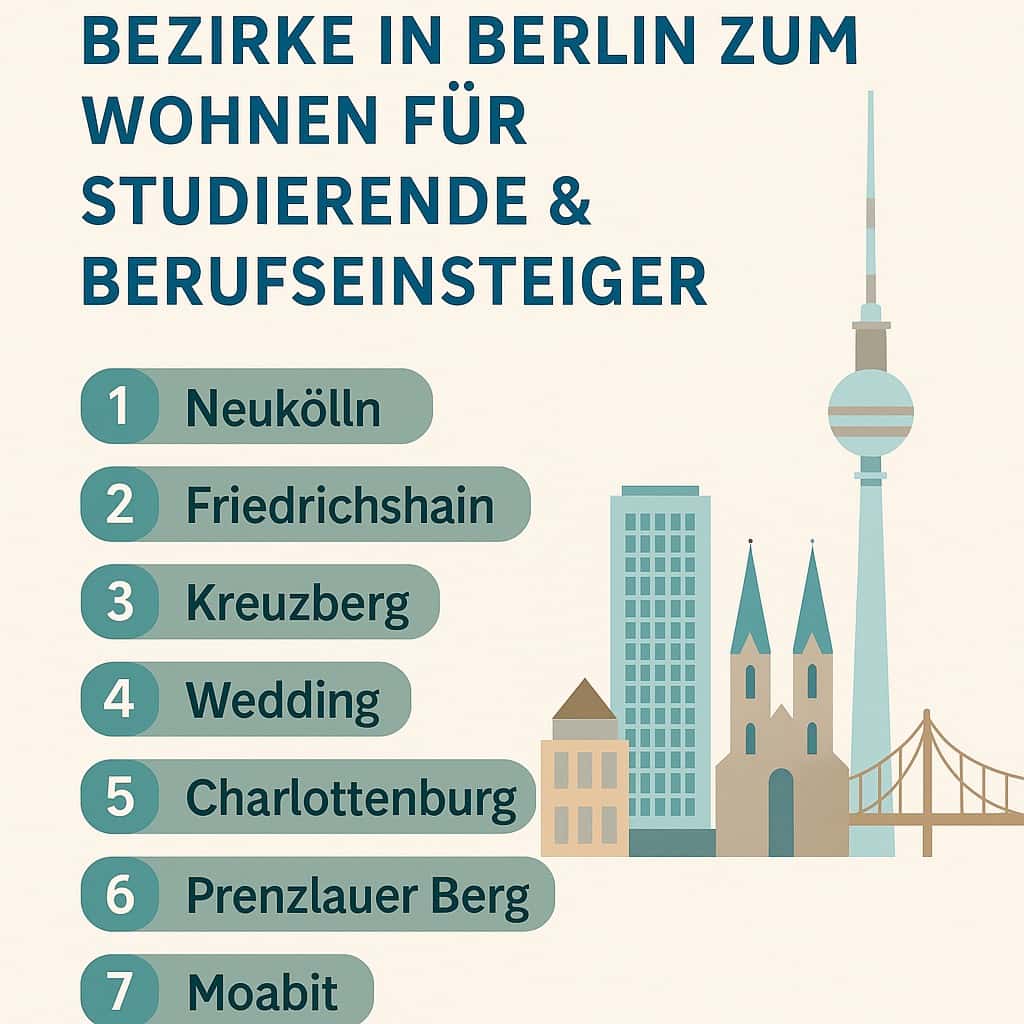 Infografik mit sieben beliebten Berliner Bezirken zum Wohnen für junge Menschen.