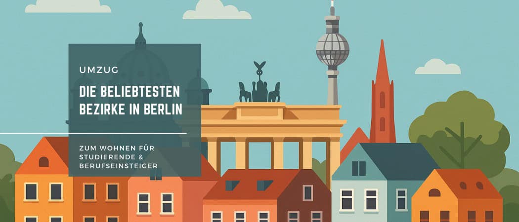Illustration von Berliner Gebäuden mit Symbolen für Studium, Berufseinstieg und Wohnen.