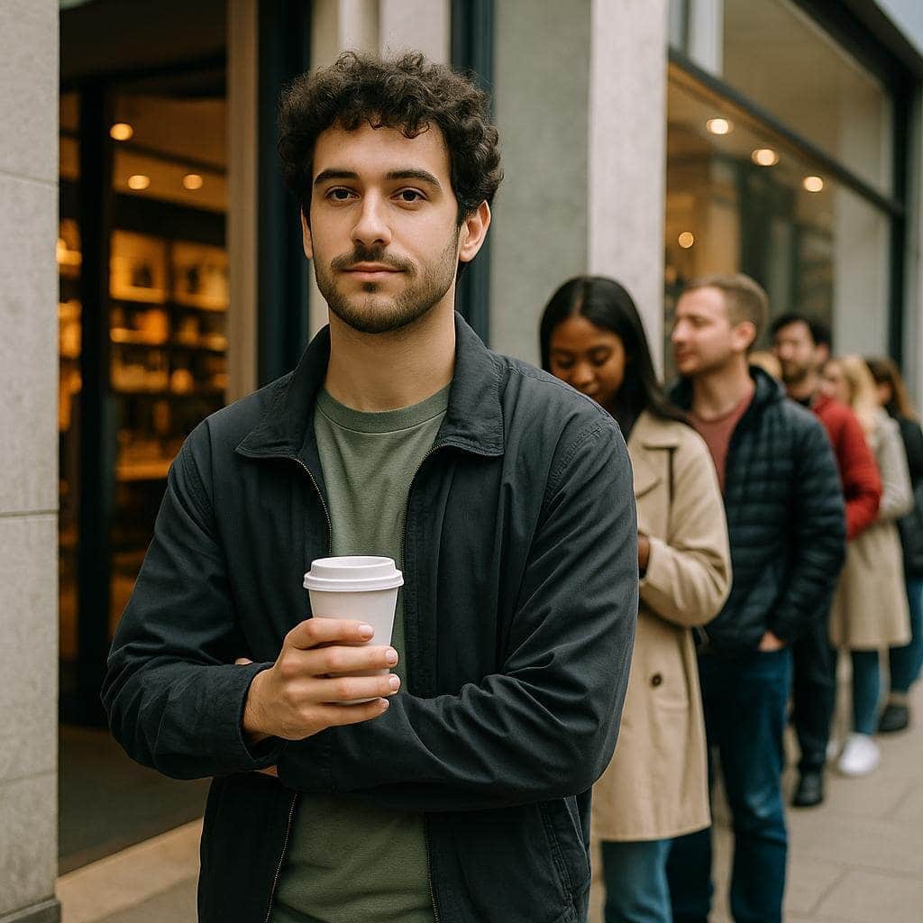 Student standing in line outside a store holding a coffee cup, waiting calmly among a diverse group of people.