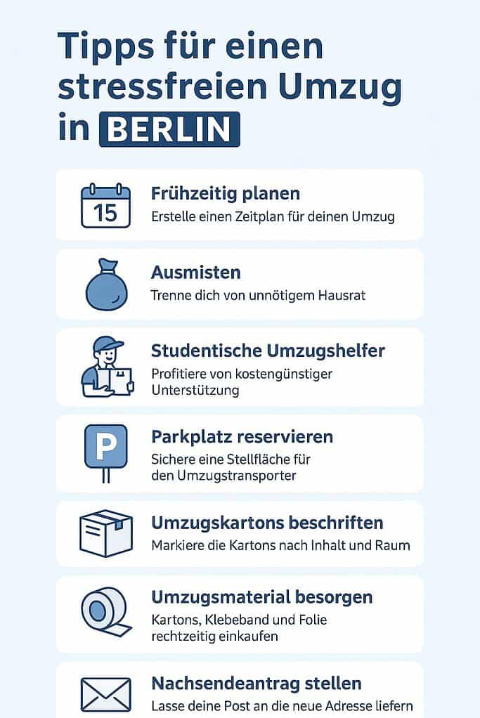 Infografik mit 7 Tipps für einen stressfreien Umzug in Berlin – inklusive Checkliste und Hinweisen zu studentischen Umzugshelfern.