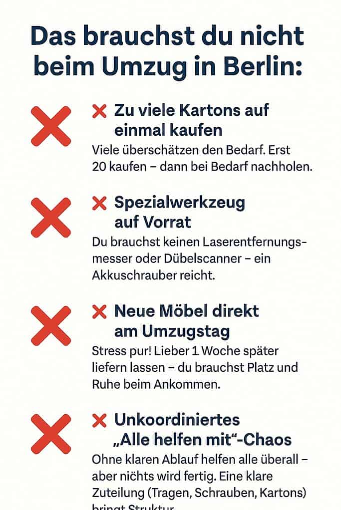 Infografik mit Dingen, die beim Umzug unnötig sind – z. B. zu viele Kartons oder neue Möbel.