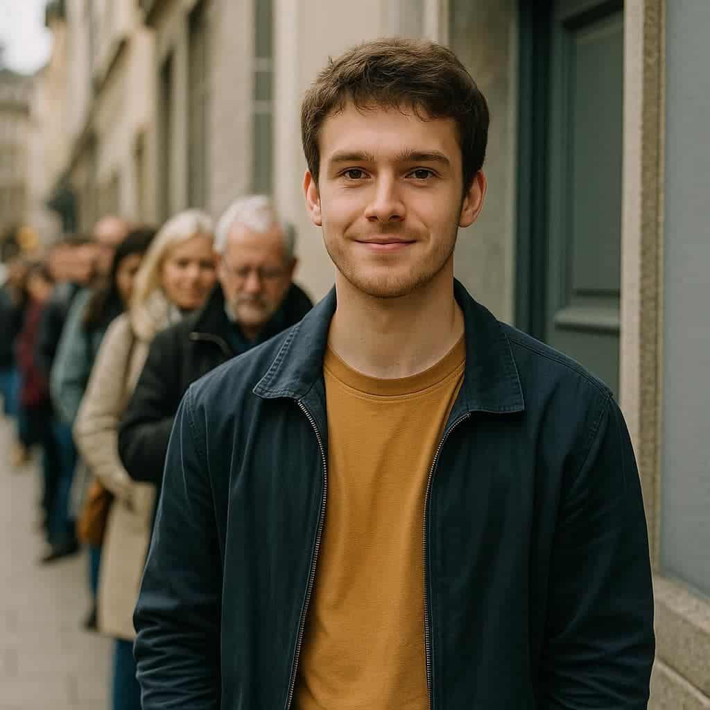 Smiling young man standing at the front of a queue on a city sidewalk, representing a professional line waiting service.