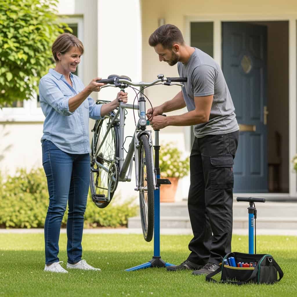 Studiworker hilft im Garten bei Fahrradreparatur