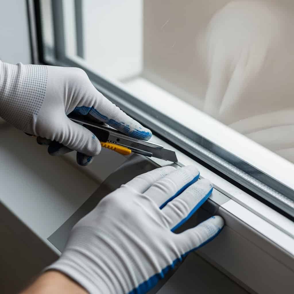Studiworker schneidet Fensterfolie zu