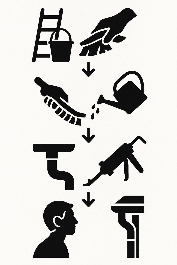 Schema zum Reinigen der Dachrinne in Reihenfolge