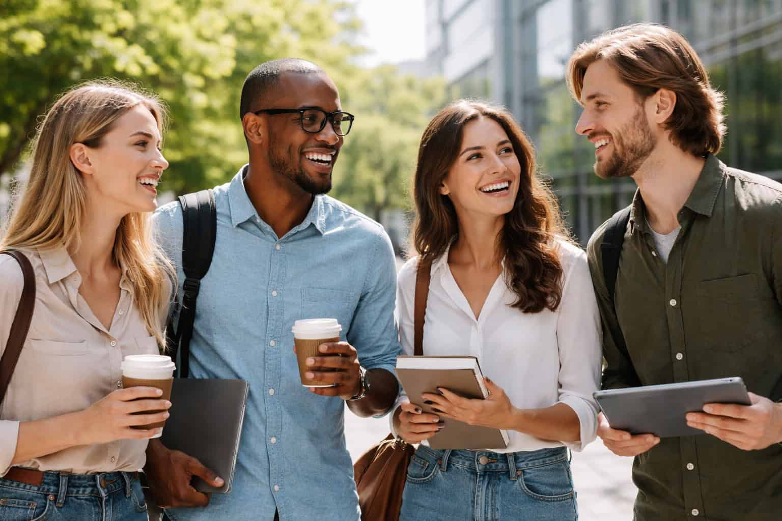 Junge Studierende im Gespräch vor modernen Bürogebäuden – Symbol für Nachwuchstalente und Recruiting im Unternehmen.