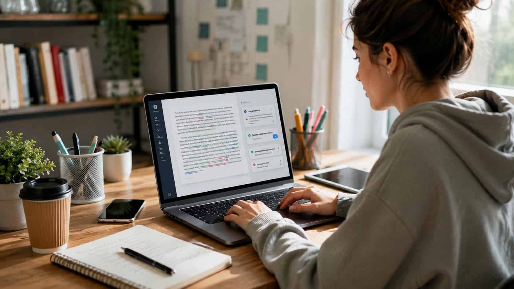 Studentin arbeitet an einem Laptop mit KI-gestützter Grammatikprüfung, während auf dem Bildschirm Textkorrekturen und Vorschläge angezeigt werden.