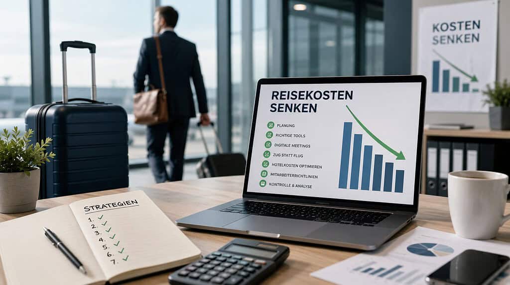Laptop mit Diagramm zu sinkenden Reisekosten auf einem Schreibtisch, daneben Koffer, Notizbuch und Taschenrechner in moderner Büroumgebung als Symbol für Strategien zur Senkung von Reisekosten im Unternehmen.