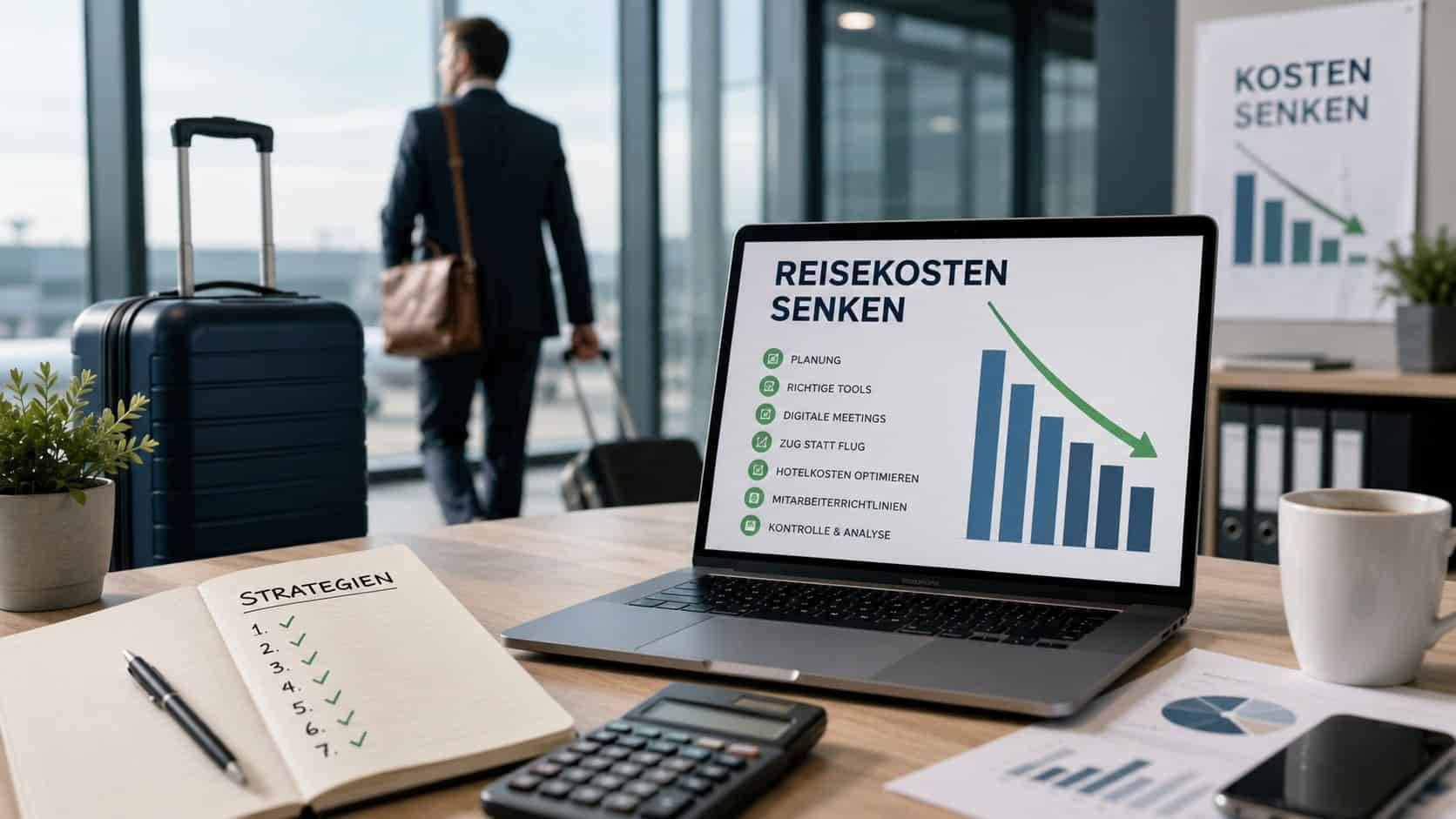 Laptop mit Diagramm zu sinkenden Reisekosten auf einem Schreibtisch, daneben Koffer, Notizbuch und Taschenrechner in moderner Büroumgebung als Symbol für Strategien zur Senkung von Reisekosten im Unternehmen.