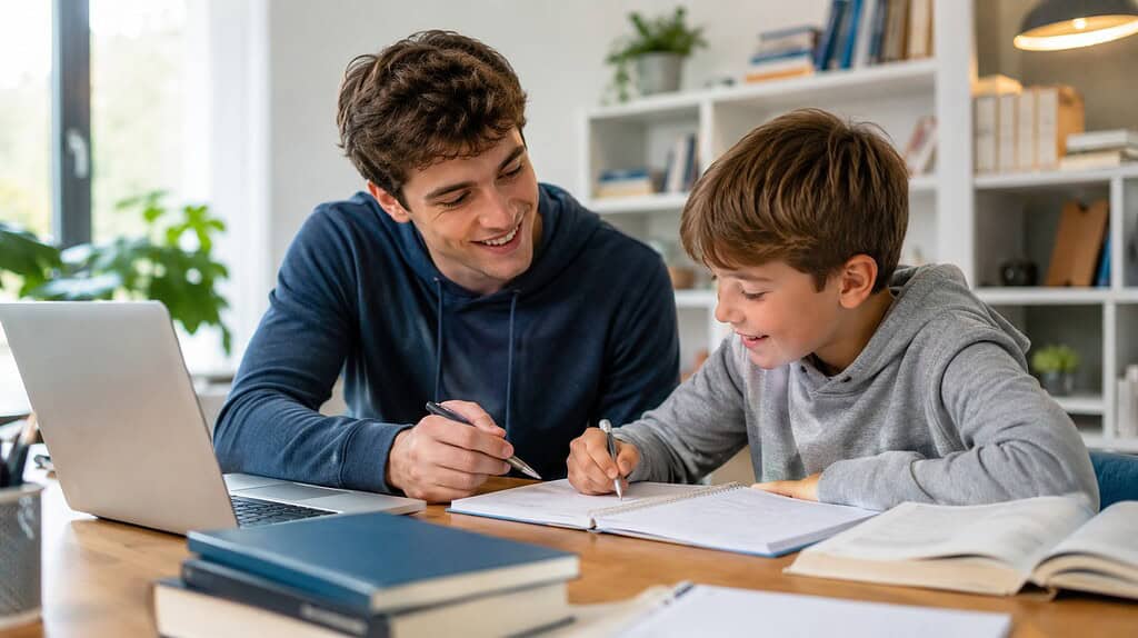 Student erklärt einem Schüler an einem Schreibtisch geduldig eine Aufgabe, während beide gemeinsam in Hefte schauen – Sinnbild für Nachhilfe durch Studenten.