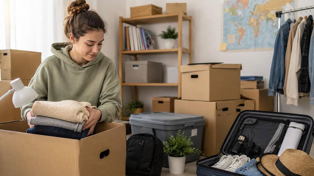 Studentin packt Kleidung in Umzugskartons und Koffer in einem Zimmer voller Boxen – passend für einen Artikel über günstige Einlagerung während eines Auslandssemesters.