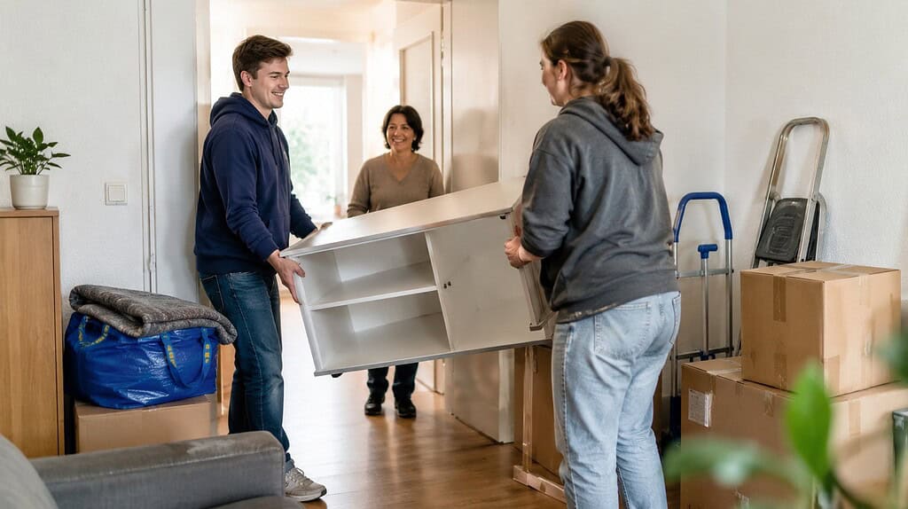 Zwei Helfer tragen gemeinsam ein Möbelstück durch einen Flur, während eine Frau im Hintergrund begleitet – passend für einen Artikel über Jobcenter-Umzüge und organisierte Umzugshilfe.