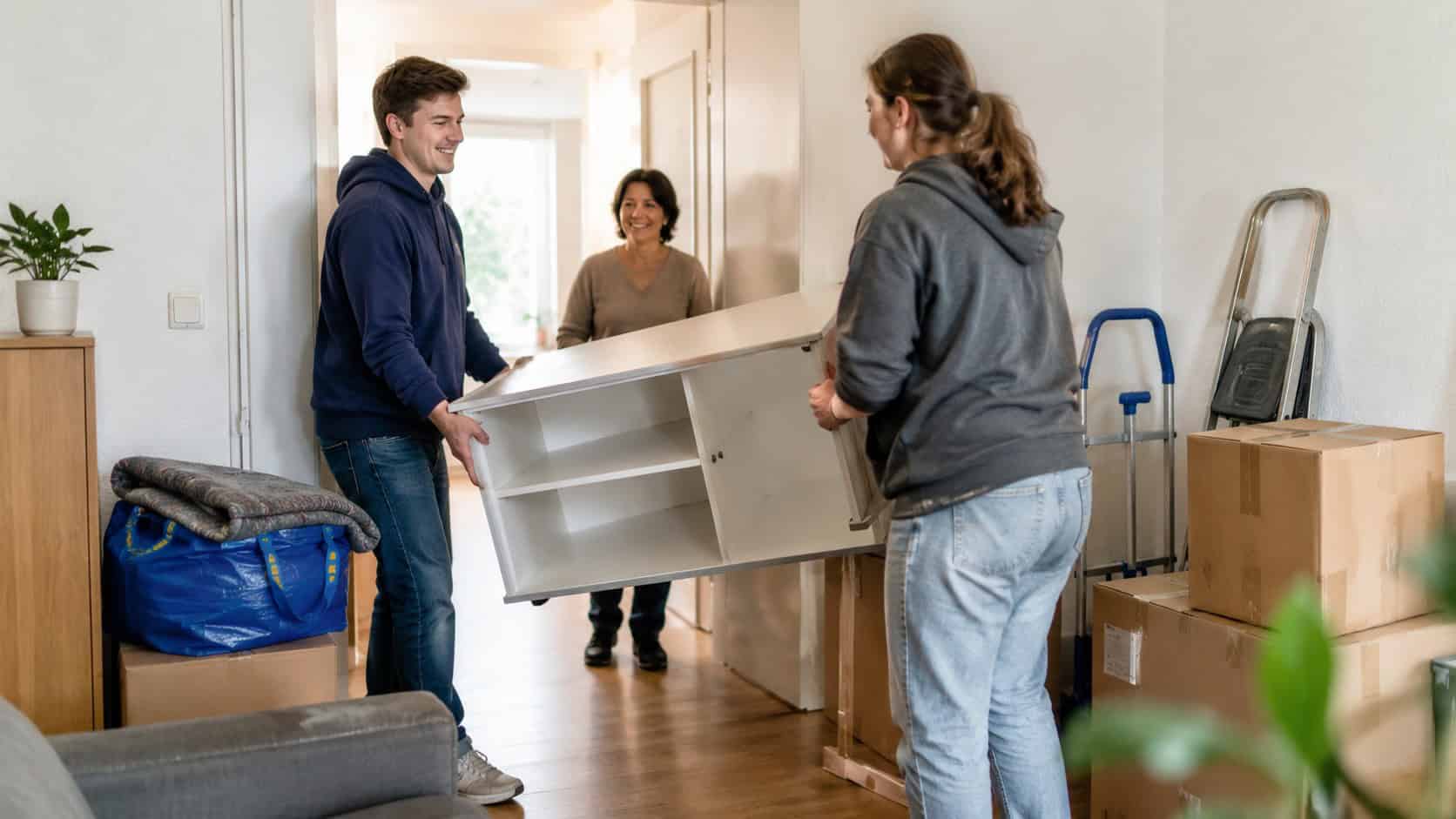 Zwei Helfer tragen gemeinsam ein Möbelstück durch einen Flur, während eine Frau im Hintergrund begleitet – passend für einen Artikel über Jobcenter-Umzüge und organisierte Umzugshilfe.