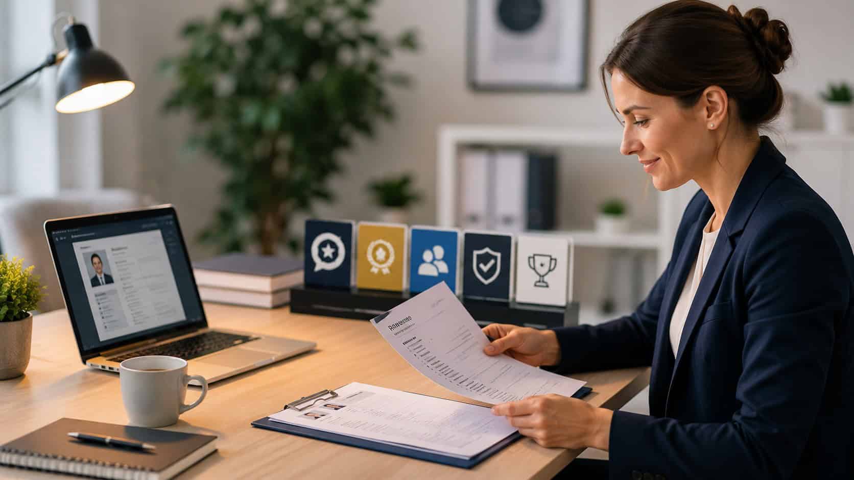 Person prüft Bewerbungsunterlagen am Schreibtisch – Symbolbild für den Vergleich von Bewerbungsservices für Fach- und Führungskräfte.