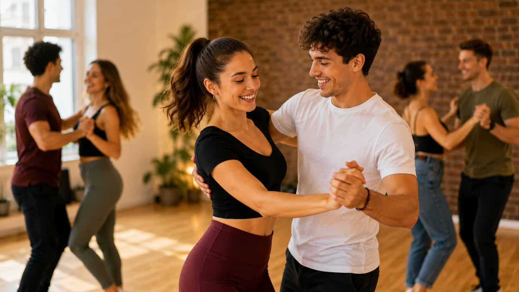Junge Studenten tanzen gemeinsam in einer modernen Tanzschule – Salsa als sportlicher Ausgleich zum Studium.