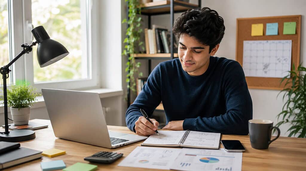 Student sitzt an einem Schreibtisch mit Laptop, Notizbuch und Unterlagen und plant konzentriert den Einstieg in die Selbstständigkeit.