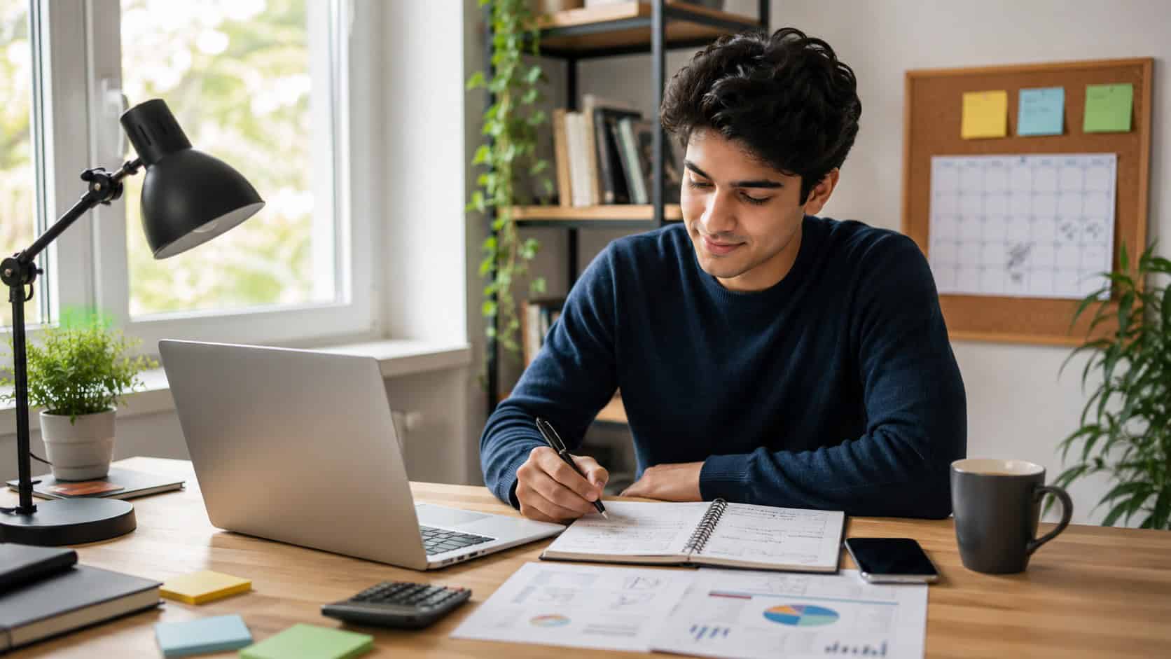 Student sitzt an einem Schreibtisch mit Laptop, Notizbuch und Unterlagen und plant konzentriert den Einstieg in die Selbstständigkeit.
