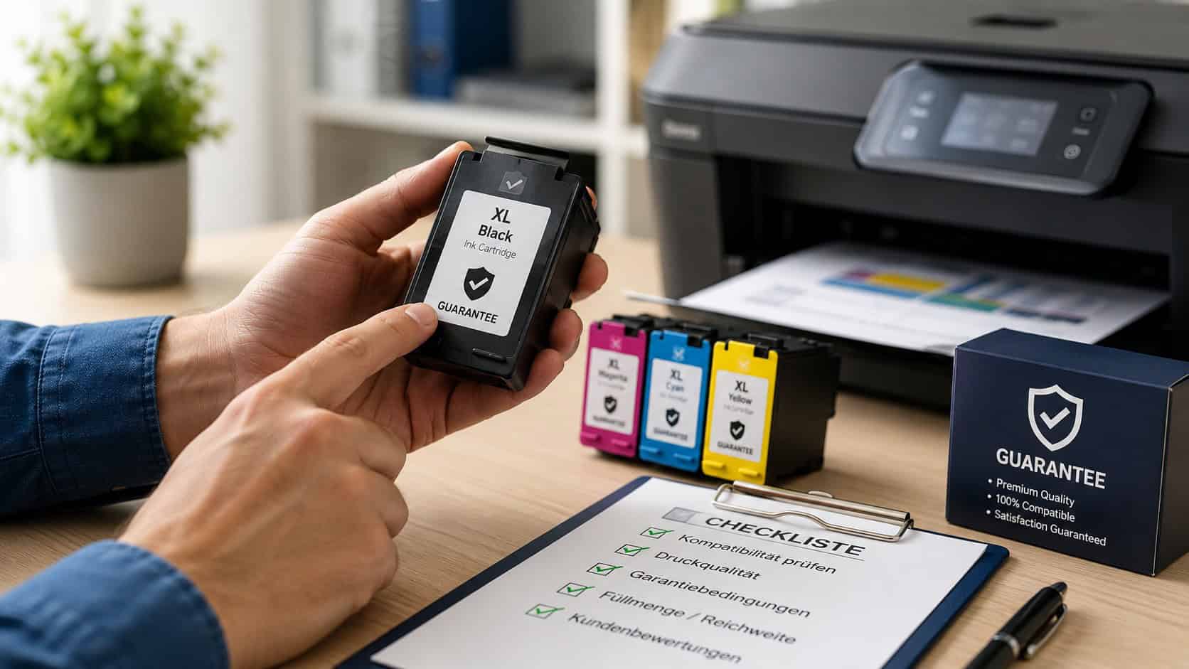 Tintenpatrone mit Garantie vor einem Drucker – Darstellung wichtiger Kriterien beim Nachkauf von Druckerpatronen.