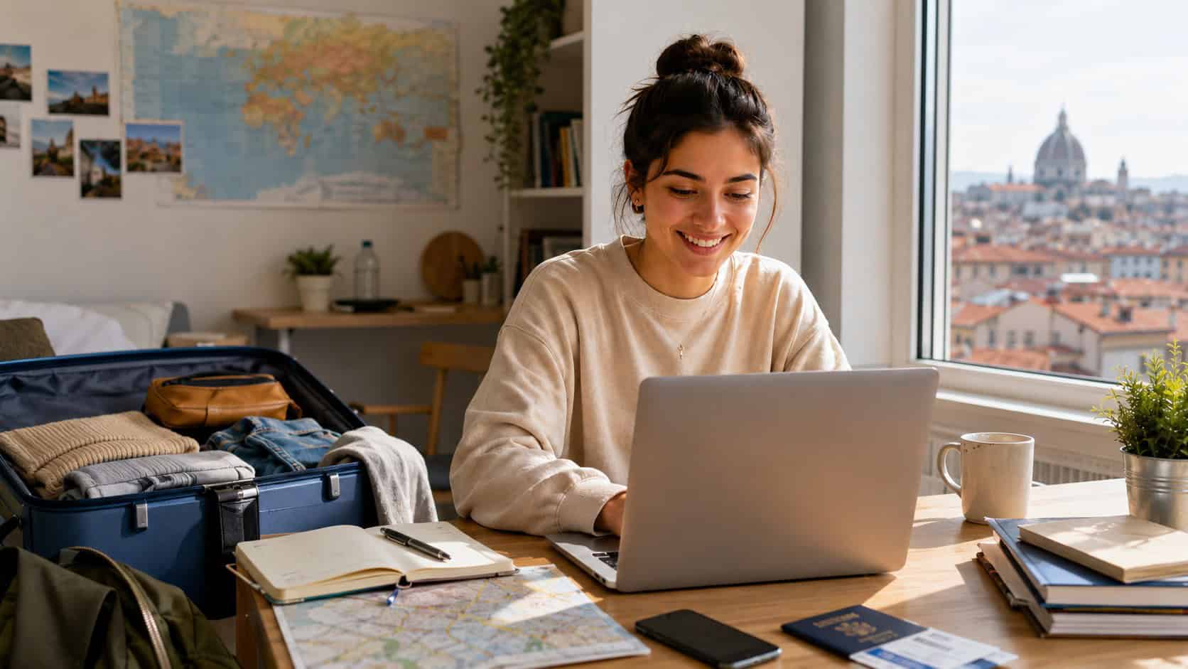 Studentin arbeitet im Auslandssemester mit Laptop an einem Schreibtisch, während geöffneter Koffer, Reisepass und Stadtblick die Reisesituation und digitale Vernetzung unterwegs zeigen.