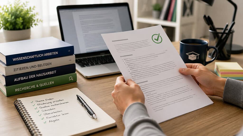 Student prüft eine wissenschaftliche Hausarbeit am Schreibtisch mit Laptop, Fachbüchern und Notizen.
