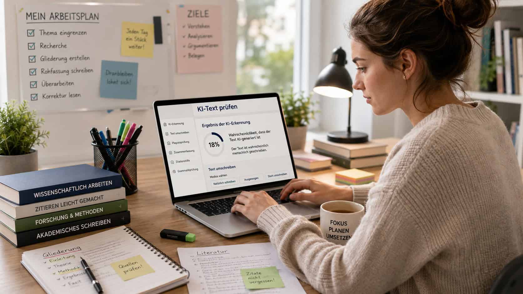 Studentin arbeitet am Laptop an einem wissenschaftlichen Text und nutzt digitale Werkzeuge zur Prüfung und Überarbeitung.