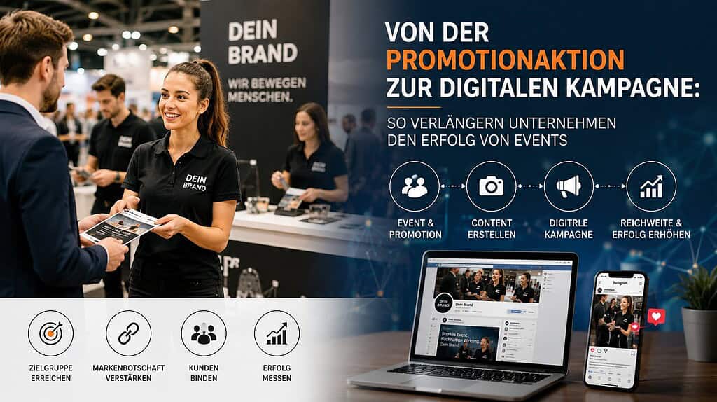 Promotionteam auf einem Event im Gespräch mit Besuchern, ergänzt durch Laptop und Smartphone als Symbol für die digitale Verlängerung einer Kampagne.