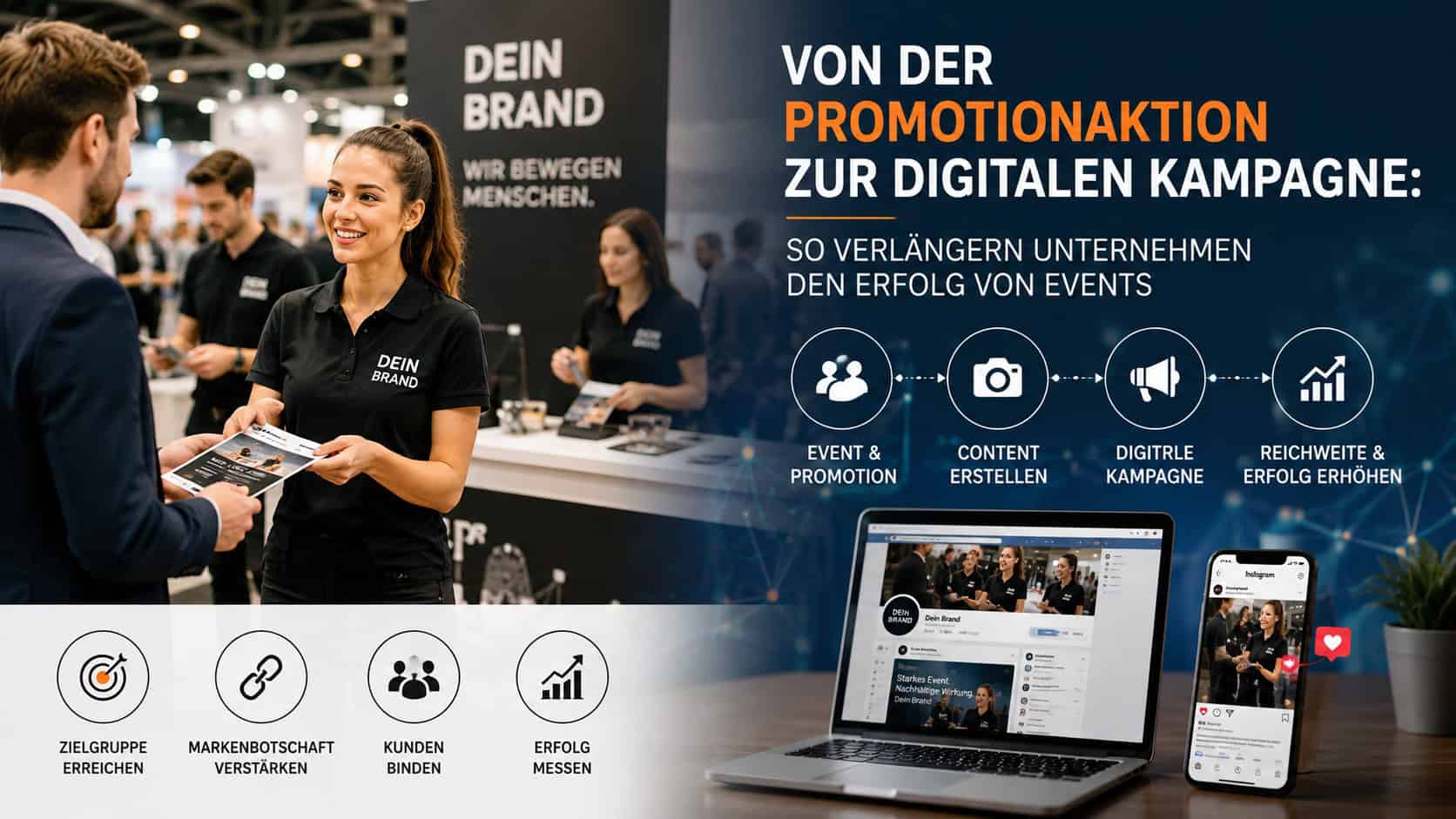 Promotionteam auf einem Event im Gespräch mit Besuchern, ergänzt durch Laptop und Smartphone als Symbol für die digitale Verlängerung einer Kampagne.