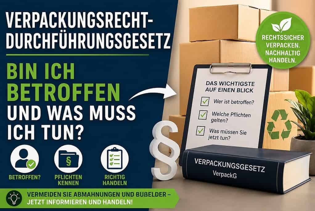 Unternehmerin prüft zwischen Versandkartons und Verpackungsmaterial ihre Pflichten nach dem Verpackungsrecht-Durchführungsgesetz