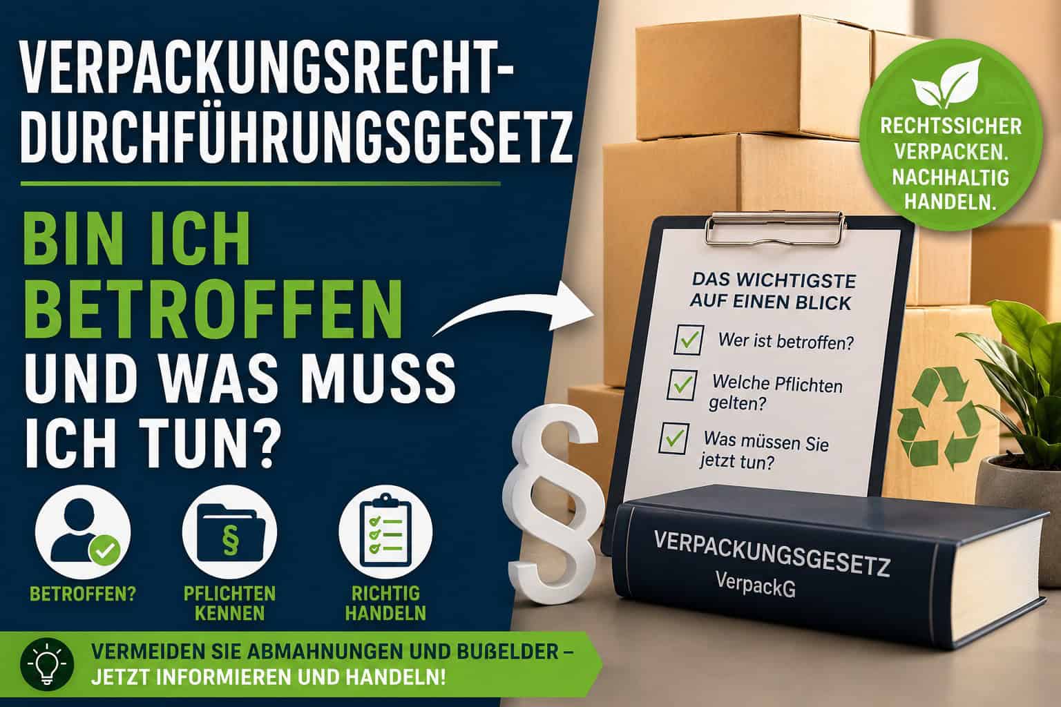Unternehmerin prüft zwischen Versandkartons und Verpackungsmaterial ihre Pflichten nach dem Verpackungsrecht-Durchführungsgesetz