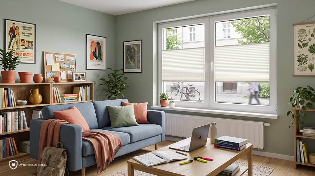 Helle und gemütliche Studentenwohnung im Erdgeschoss mit großen Fenstern, Pflanzen und Sichtschutz.