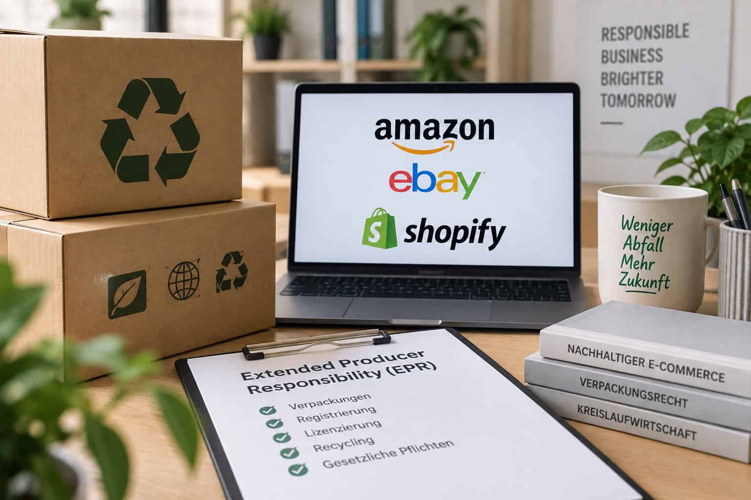 Symbolbild zur Extended Producer Responsibility bei Amazon, eBay und Shopify mit Verpackungen, Recycling und EPR-Pflichten.