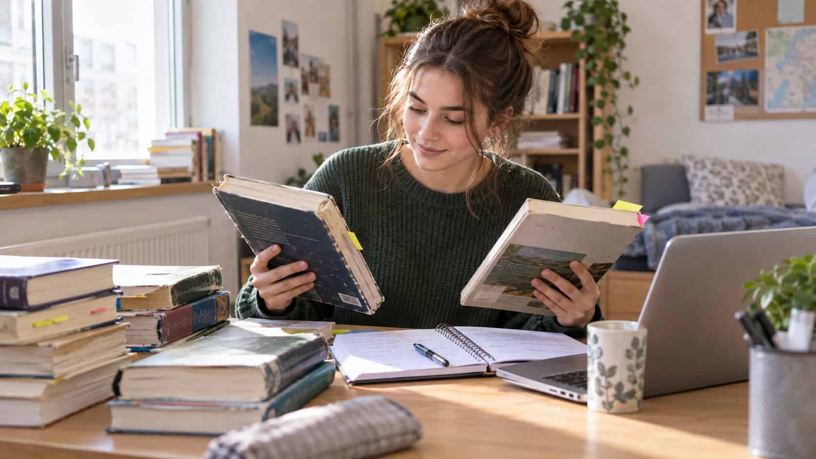 Studentin vergleicht gebrauchte Fachbücher am Schreibtisch und spart beim Kauf von Studienliteratur.