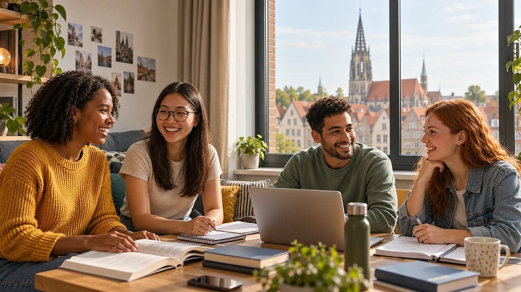 Studierende lernen gemeinsam in einem Studentenwohnheim in Münster mit Blick auf die Innenstadt.