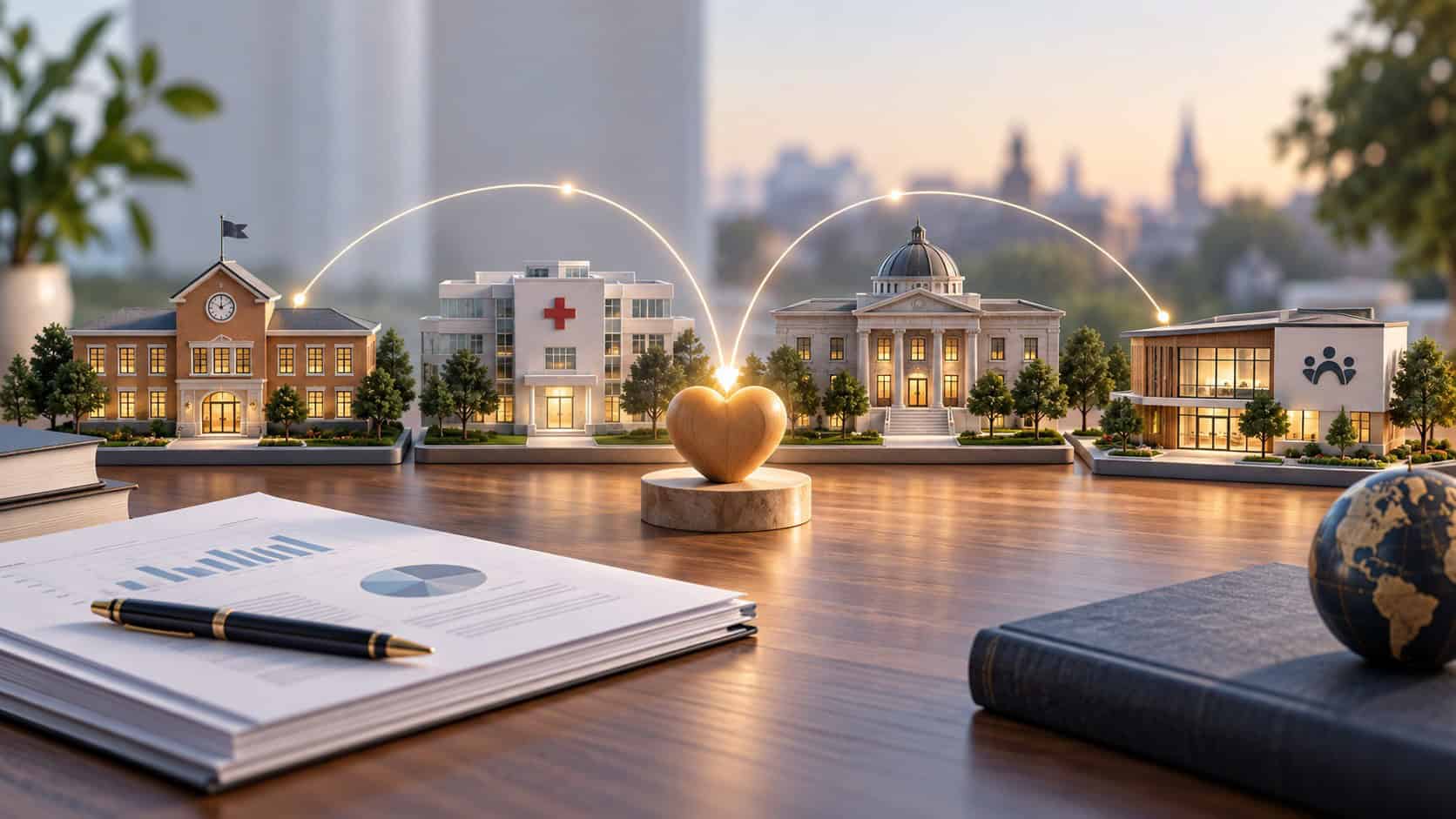 Symbolische Darstellung philanthropischer Unterstützung bestehender Bildungs-, Gesundheits- und Gemeinschaftsinstitutionen.