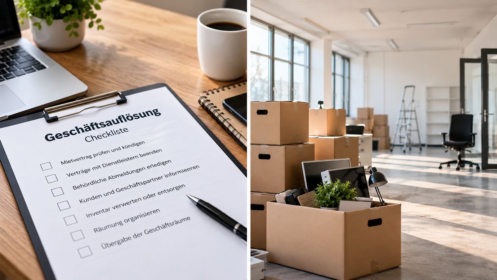 Checkliste zur Geschäftsauflösung auf einem Schreibtisch neben einem fast leergeräumten Büro mit Umzugskartons und Büroausstattung.