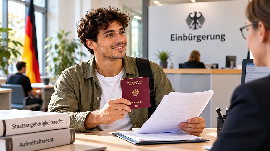 Junger Hochschulabsolvent mit deutschem Reisepass und Einbürgerungsunterlagen in einer deutschen Behörde.