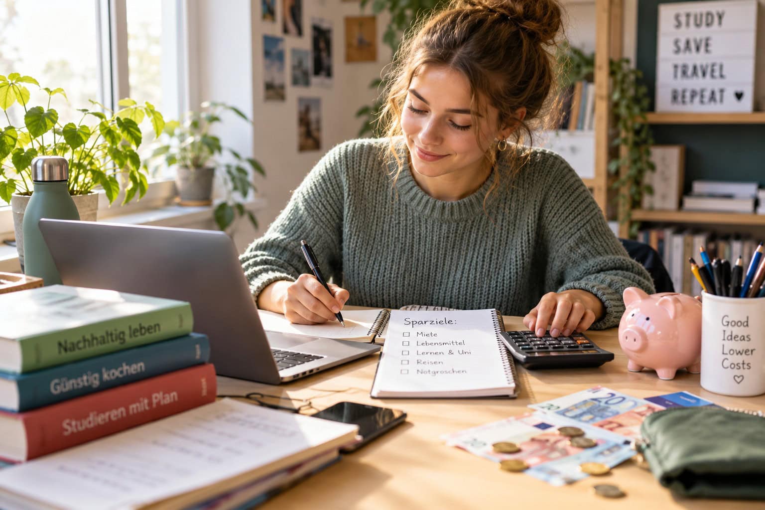 Studentin plant ihr monatliches Budget am Schreibtisch mit Laptop, Taschenrechner und Sparschwein, um im Studium Geld zu sparen.
