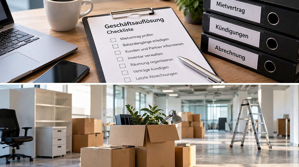 Checkliste für Mietvertrag und Kündigungen neben einem Büro mit gepackten Umzugskartons, leeren Regalen und Möbeln zur Räumung.