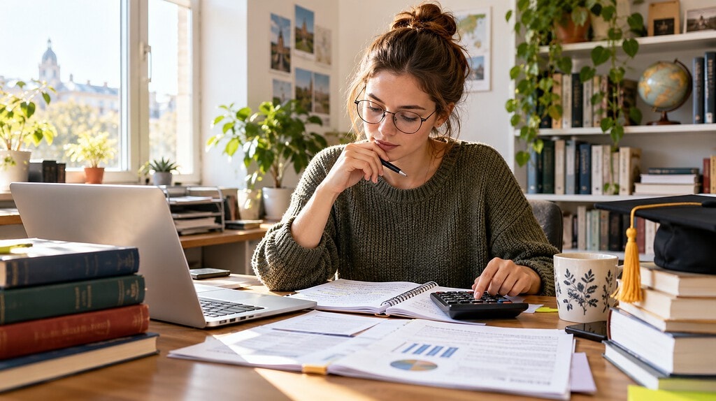 Doktorandin plant die Finanzierung ihrer Promotion am Schreibtisch mit Laptop, Taschenrechner, Fachbüchern und Unterlagen zu Kosten und Stipendien.