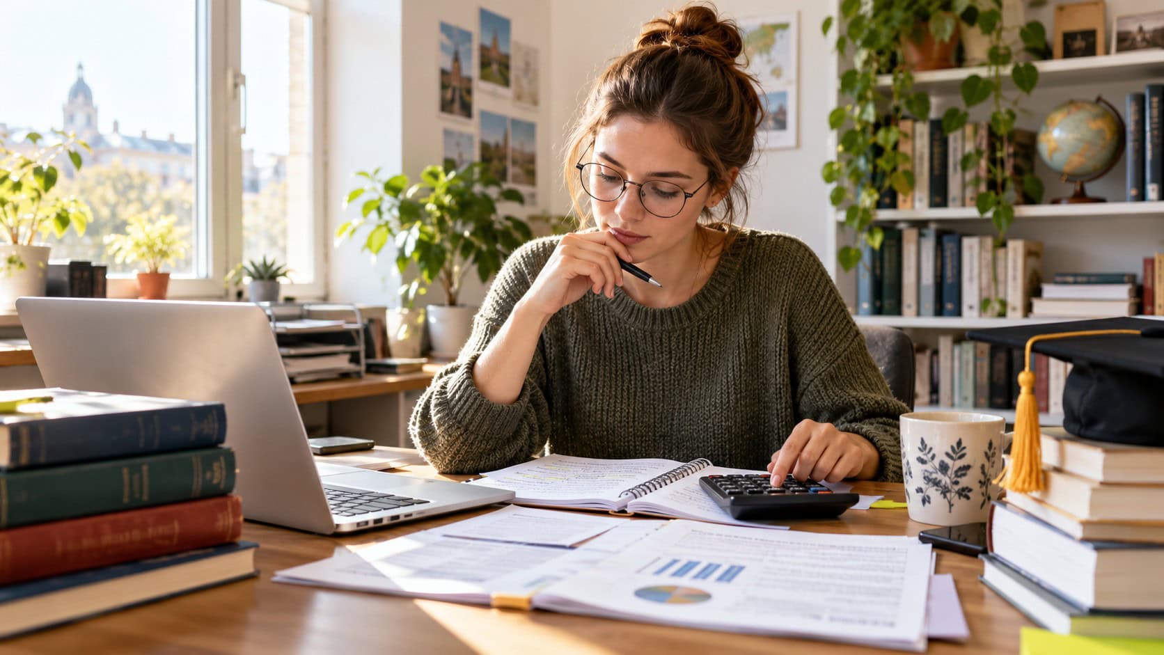 Doktorandin plant die Finanzierung ihrer Promotion am Schreibtisch mit Laptop, Taschenrechner, Fachbüchern und Unterlagen zu Kosten und Stipendien.