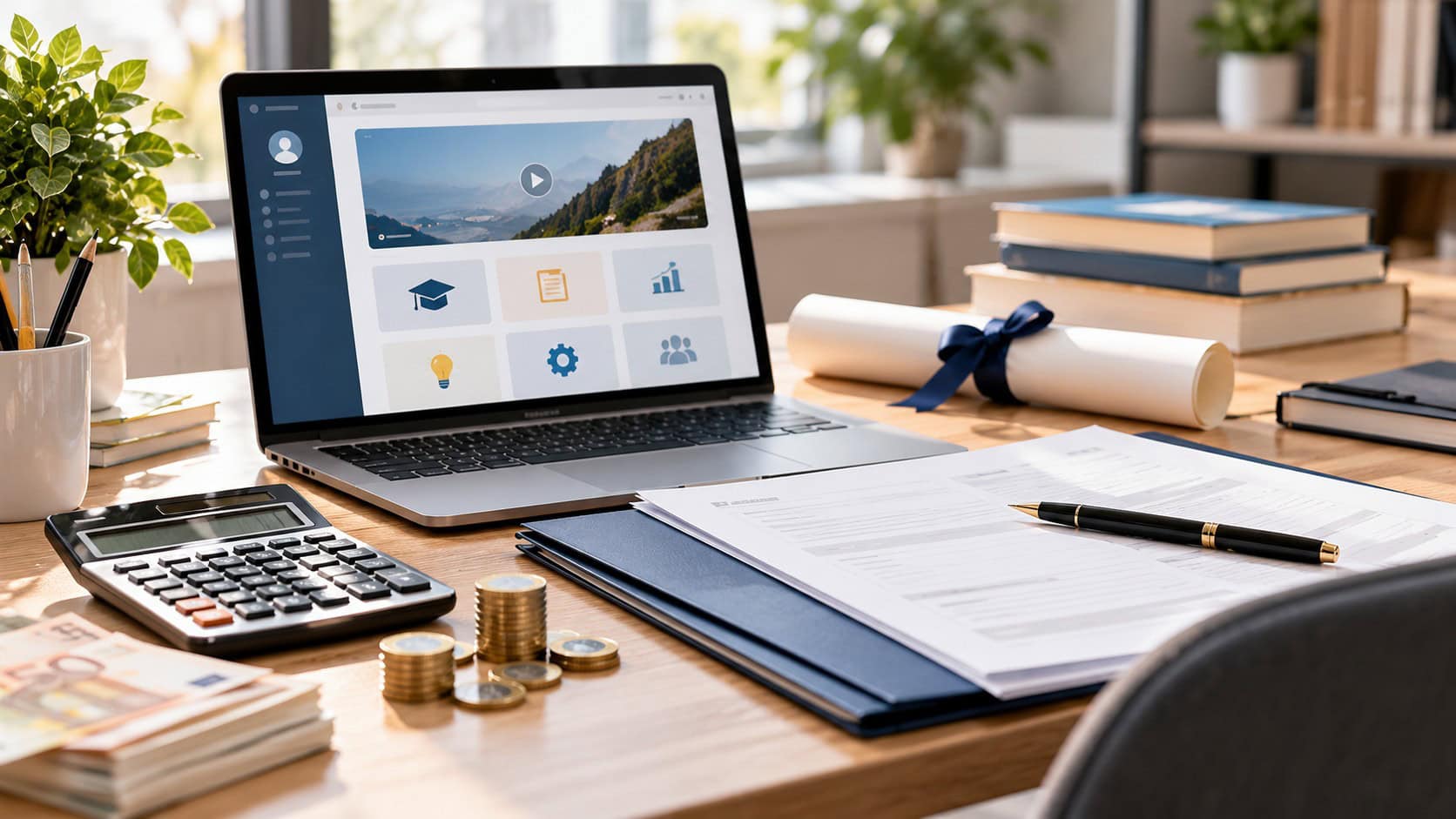 Laptop mit digitaler Lernplattform, Kursunterlagen, Abschlussurkunde, Taschenrechner und Geld als Symbol für die Finanzierung beruflicher Weiterbildung.