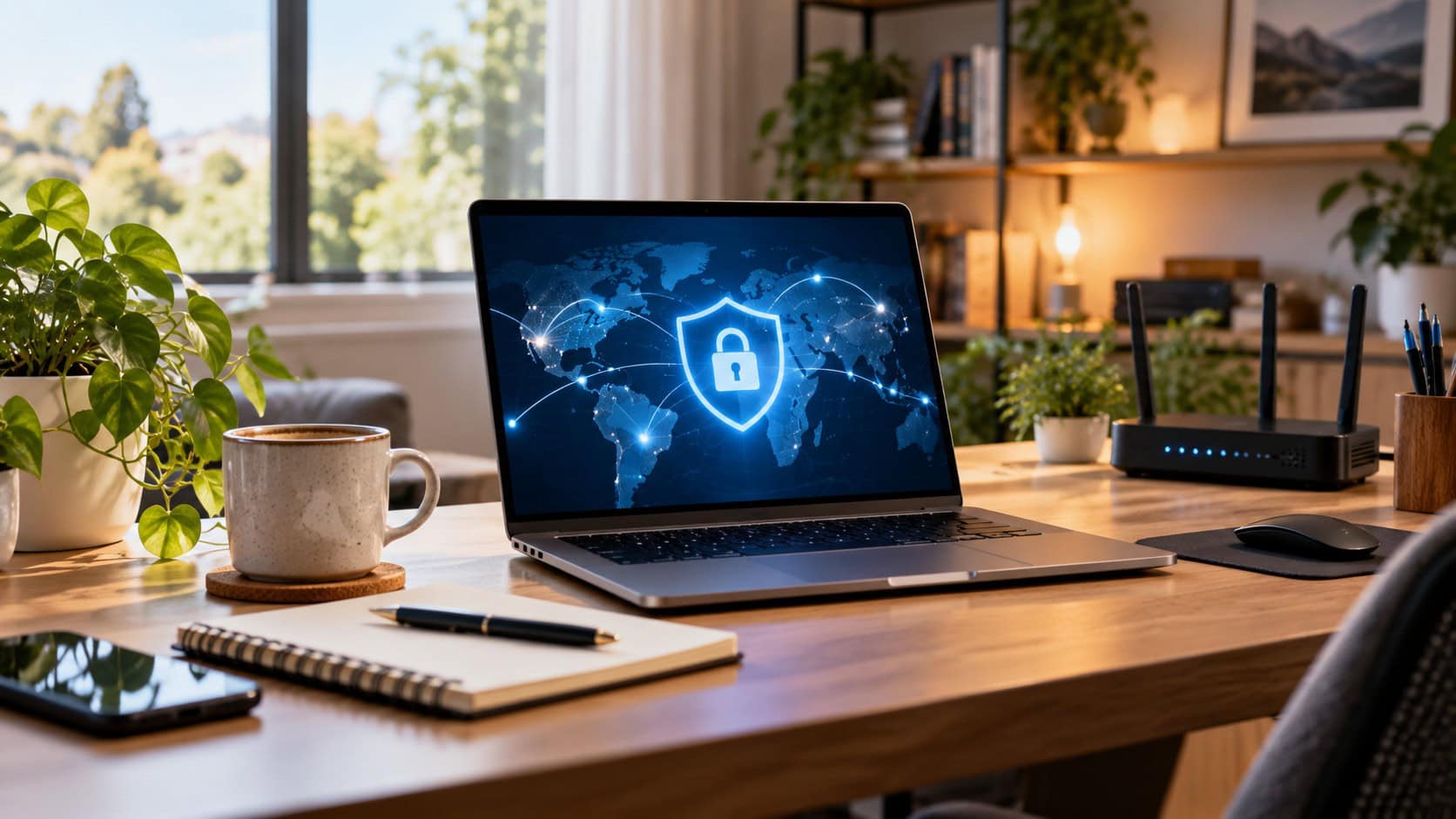 Modern eingerichtetes Homeoffice mit Laptop, WLAN-Router und Sicherheitssymbol für eine verschlüsselte Internetverbindung beim Remote-Arbeiten.
