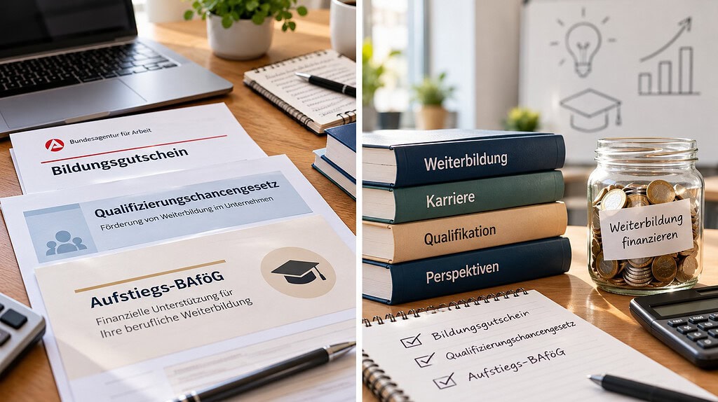 Symbolische Unterlagen zu Bildungsgutschein, Qualifizierungschancengesetz und Aufstiegs-BAföG neben Fachbüchern und Sparglas zur Weiterbildungsfinanzierung.