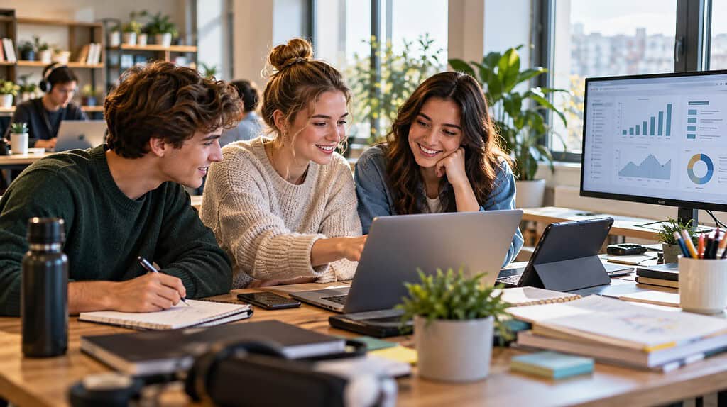Studierende arbeiten gemeinsam mit Laptop und digitalen Tools und entwickeln dabei wichtige Kompetenzen für die Arbeitswelt.