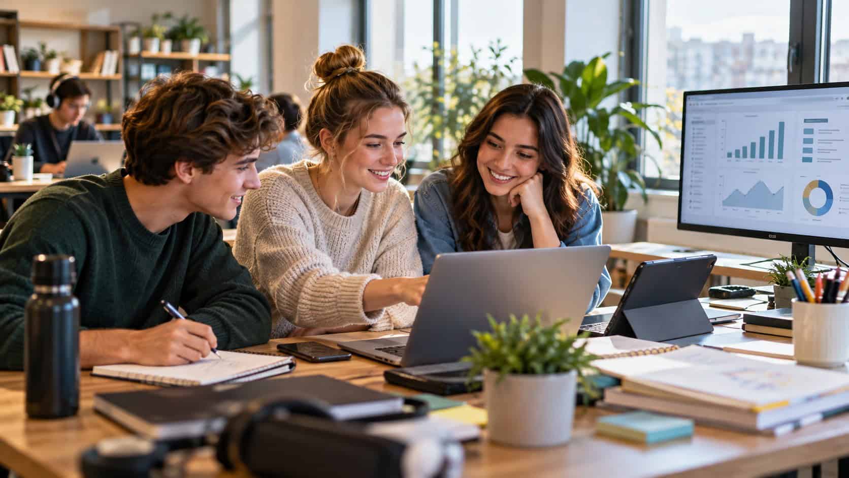 Studierende arbeiten gemeinsam mit Laptop und digitalen Tools und entwickeln dabei wichtige Kompetenzen für die Arbeitswelt.