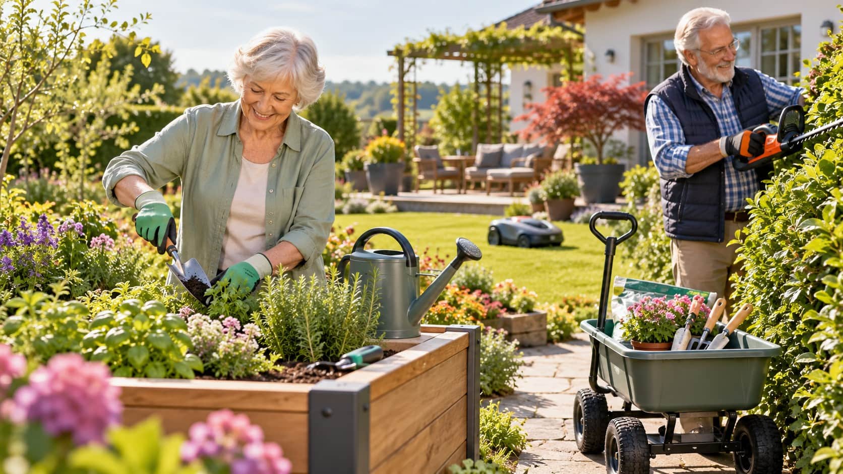 Senioren bei der Gartenarbeit mit Hochbeet, ergonomischen Gartengeräten und Mähroboter als Beispiele für seniorengerechte Gartenpflege.