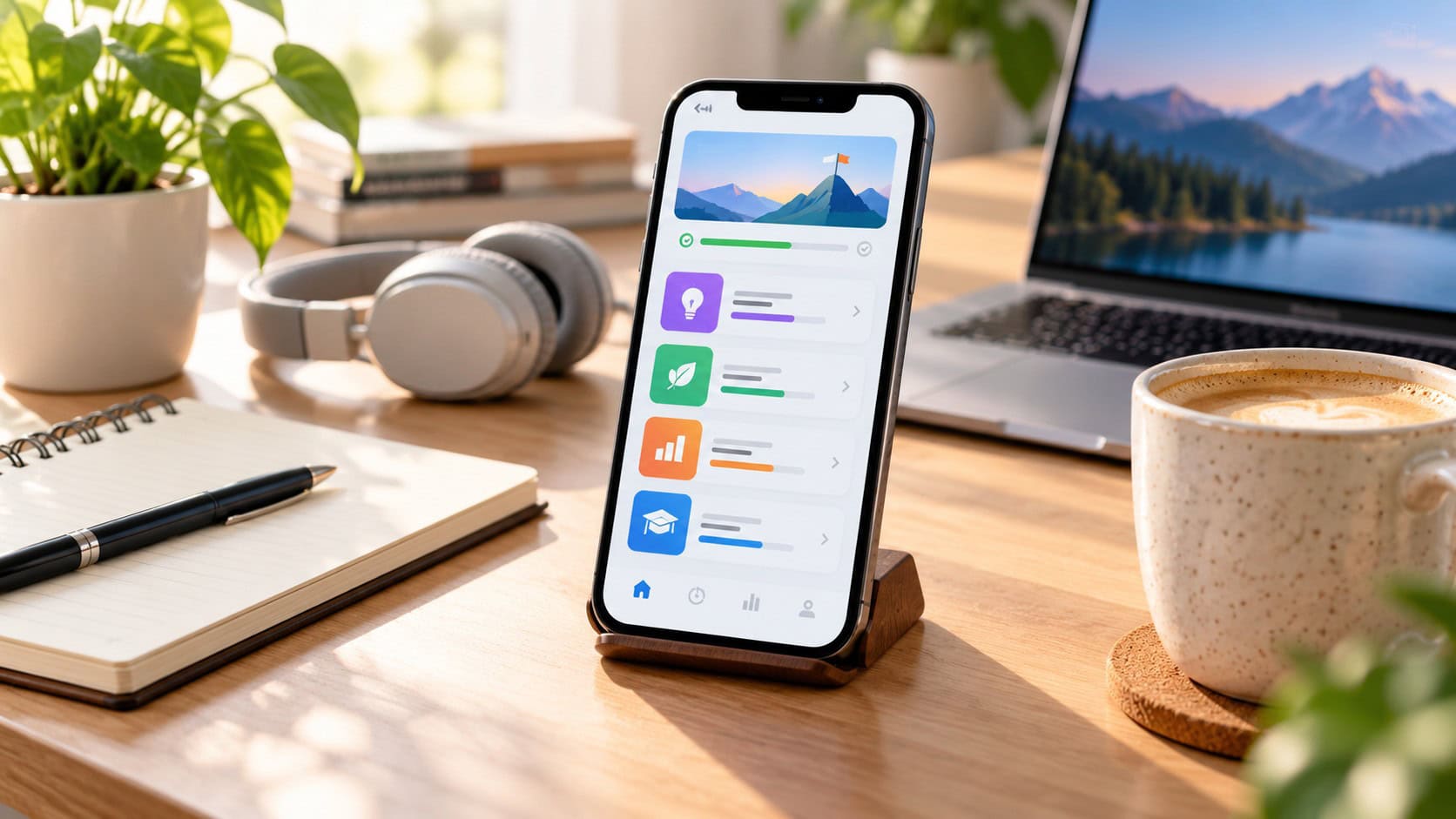 Smartphone mit interaktiver Lern-App auf einem Schreibtisch neben Laptop, Kopfhörern und Notizbuch – digitales Microlearning für kurze Lerneinheiten im Alltag.